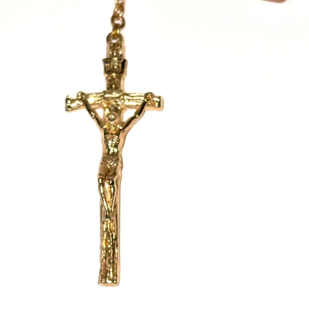 Vintage Wood Bead Rosary Gold Tone Lourdes Medal Crucifix Religious Necklace 24
